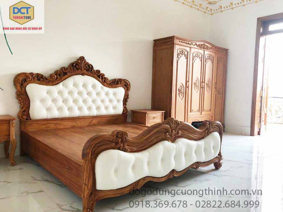 Giường ngủ tân cổ điẻn gỗ gõ đỏ