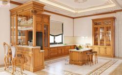 Mẫu tủ bếp tân cổ điển TB55 có đảo quầy bar tủ rượu