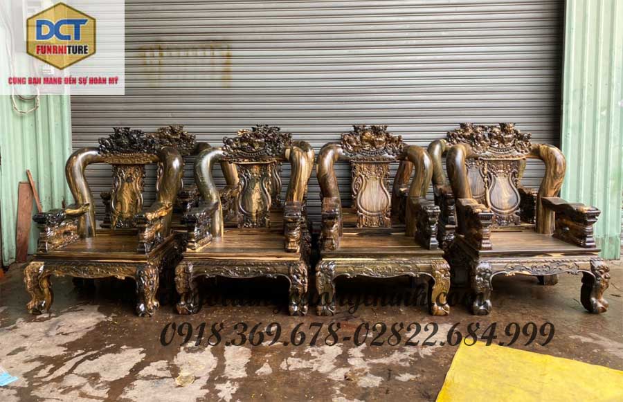 salon gỗ mun tay 14 chạm nghê