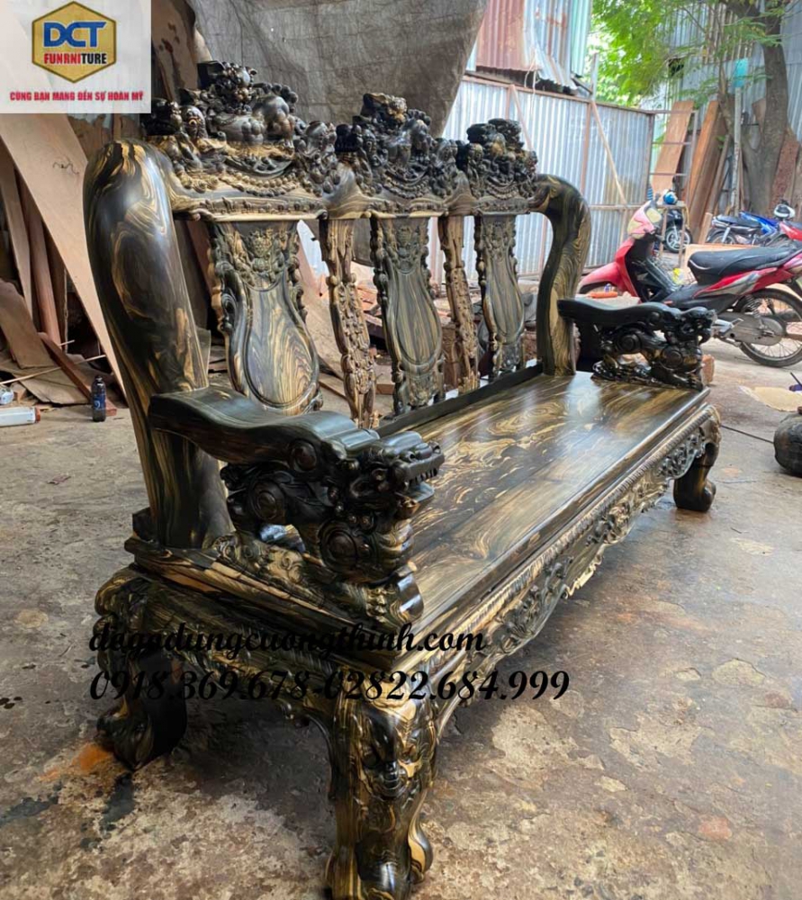 salon gỗ mun tay 14 chạm nghê