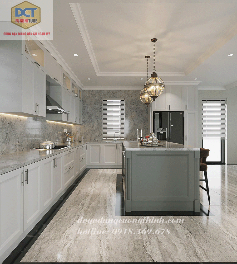 tủ bếp hiện đại làm sát trần màu trắng