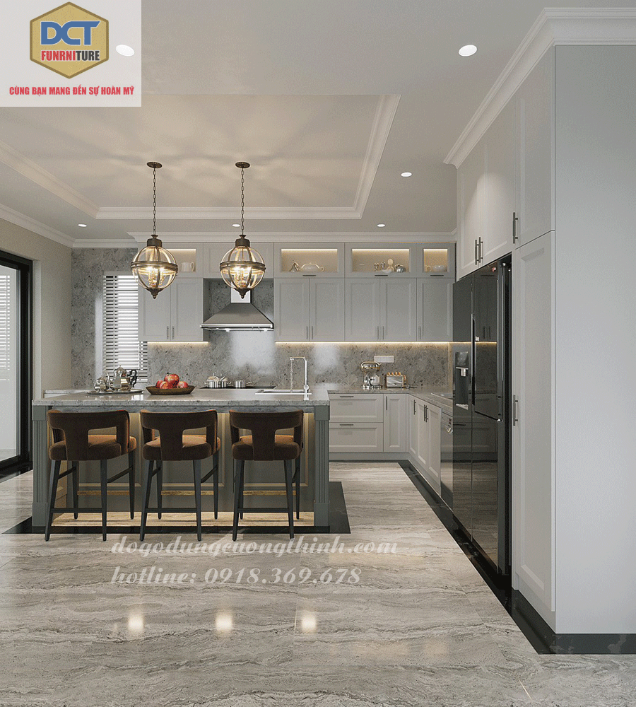 tủ bếp hiện đại làm sát trần màu trắng